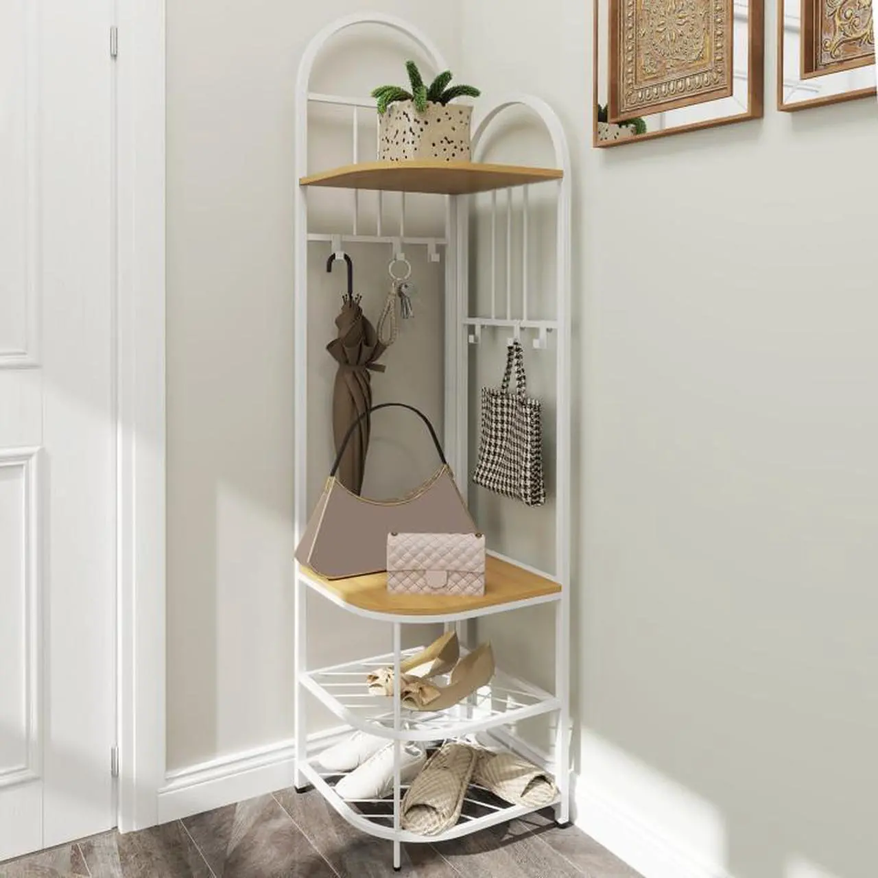 Alt view image 2 of 7 - SlickBlue 4-Tier Coat Rack Corner Hall Tree with Shoe Storage Bench
