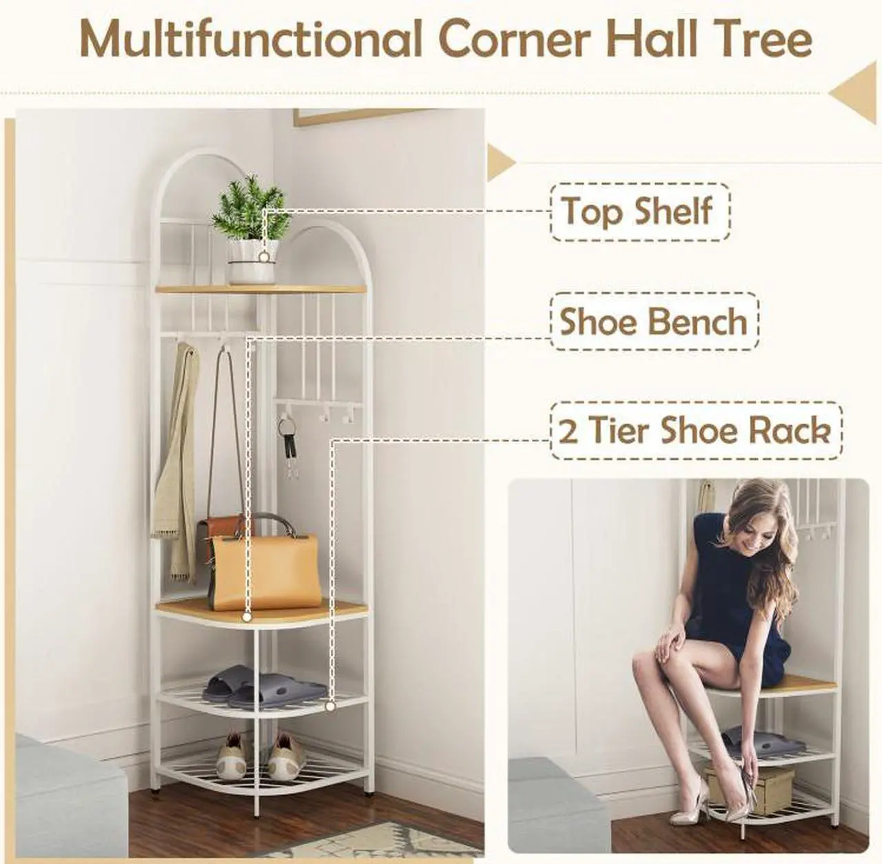 Alt view image 5 of 7 - SlickBlue 4-Tier Coat Rack Corner Hall Tree with Shoe Storage Bench