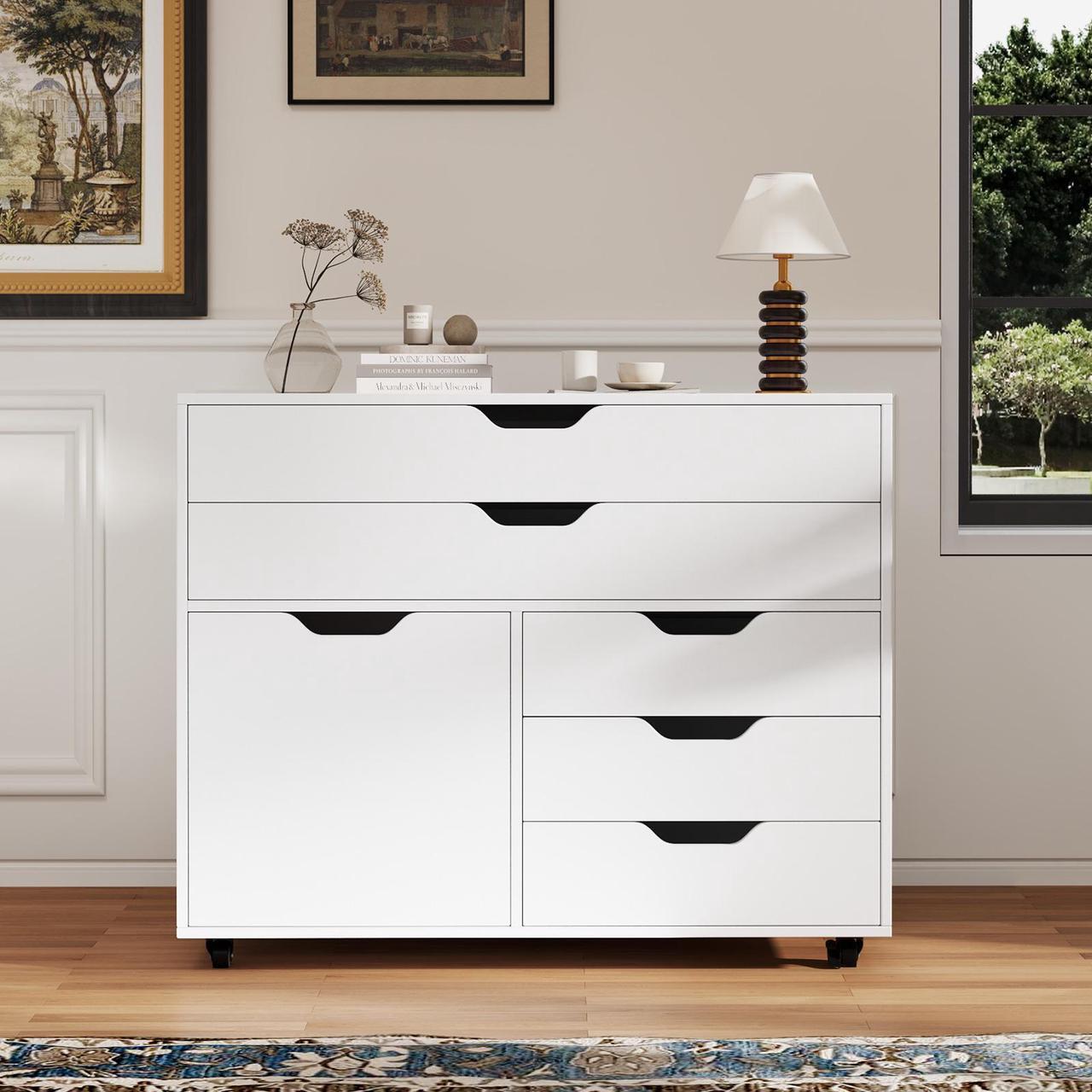 Alt view image 2 of 7 - SlickBlue Modern Vertical 5-Drawer Mobile Chest with Door 5 Casters-White