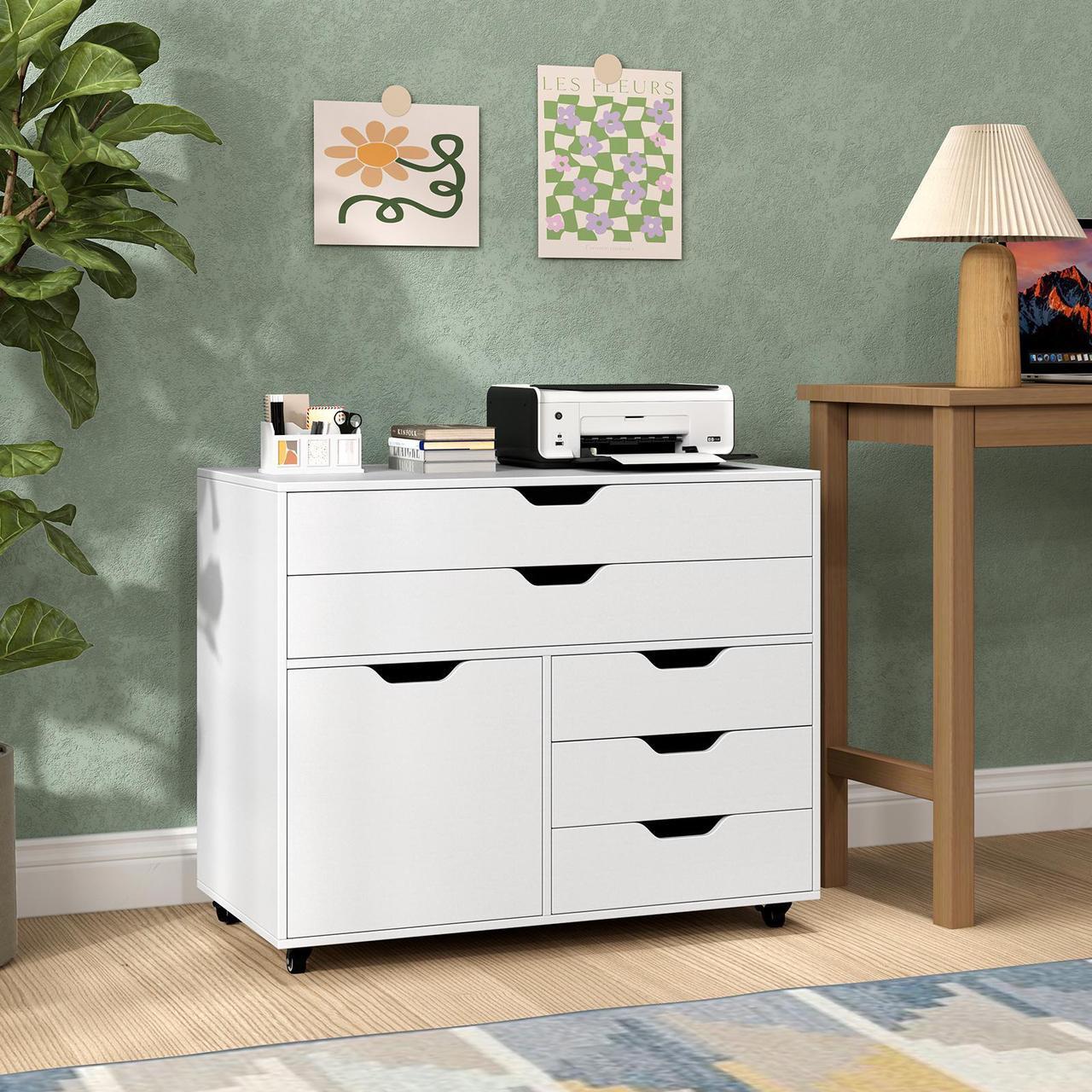 Alt view image 3 of 7 - SlickBlue Modern Vertical 5-Drawer Mobile Chest with Door 5 Casters-White