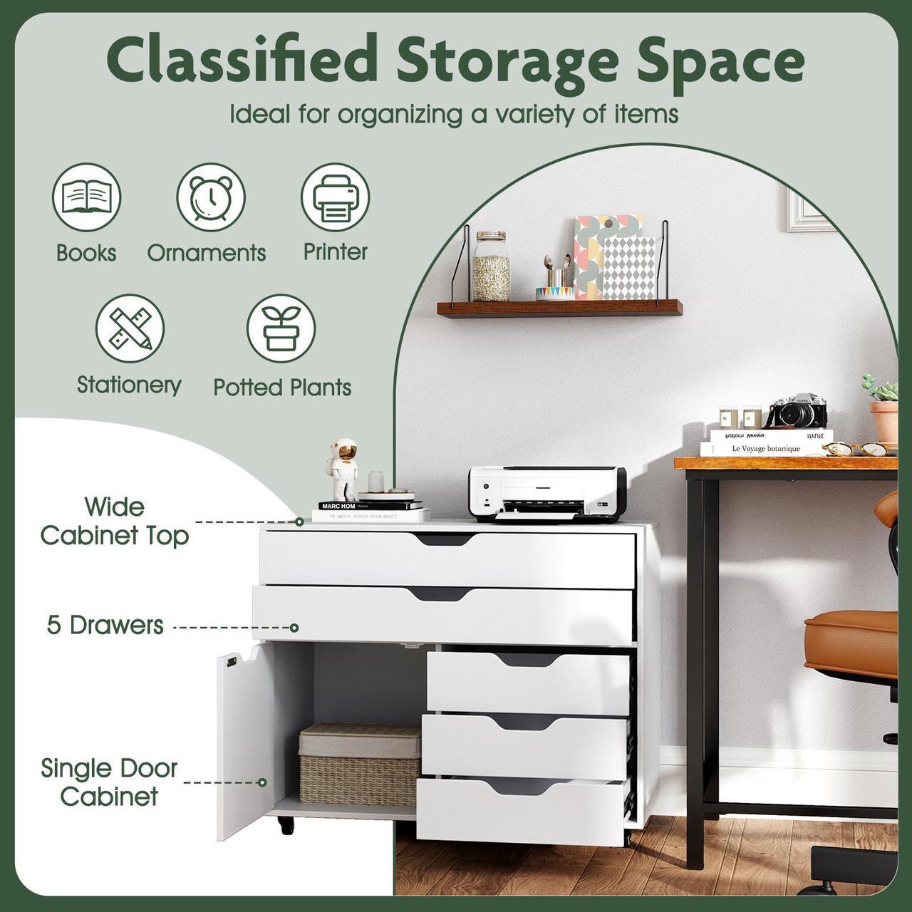 Alt view image 7 of 7 - SlickBlue Modern Vertical 5-Drawer Mobile Chest with Door 5 Casters-White