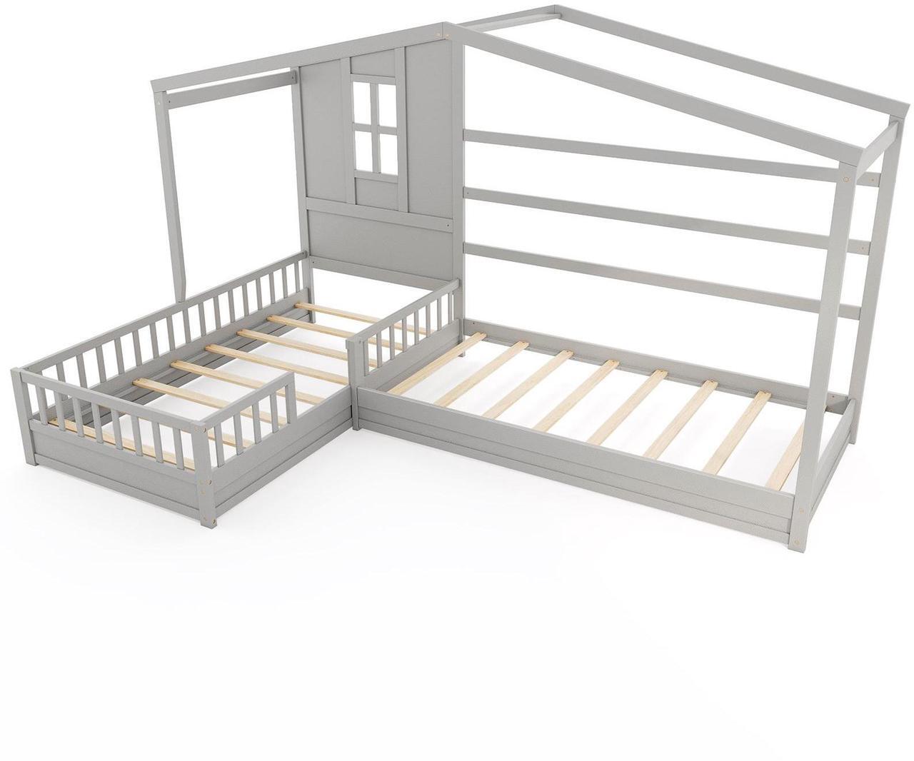 Main image of SlickBlue L-shaped Double Twin Beds House Platform Beds with Fences Corner Bed Frame-Gray