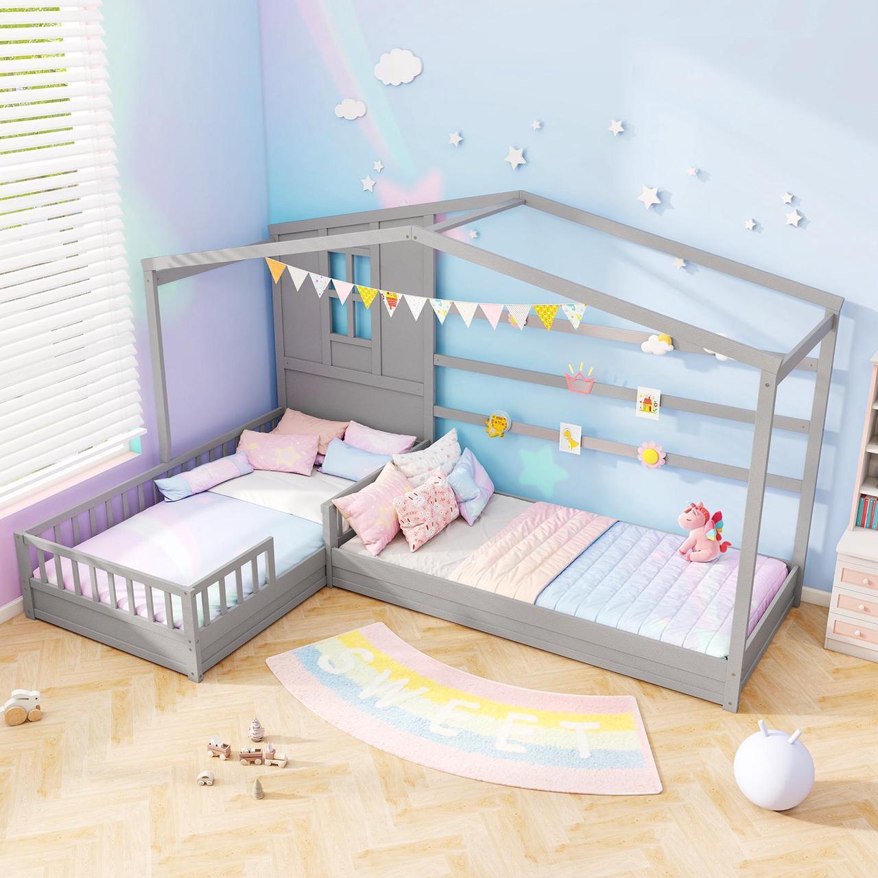 Alt view image 2 of 7 - SlickBlue L-shaped Double Twin Beds House Platform Beds with Fences Corner Bed Frame-Gray