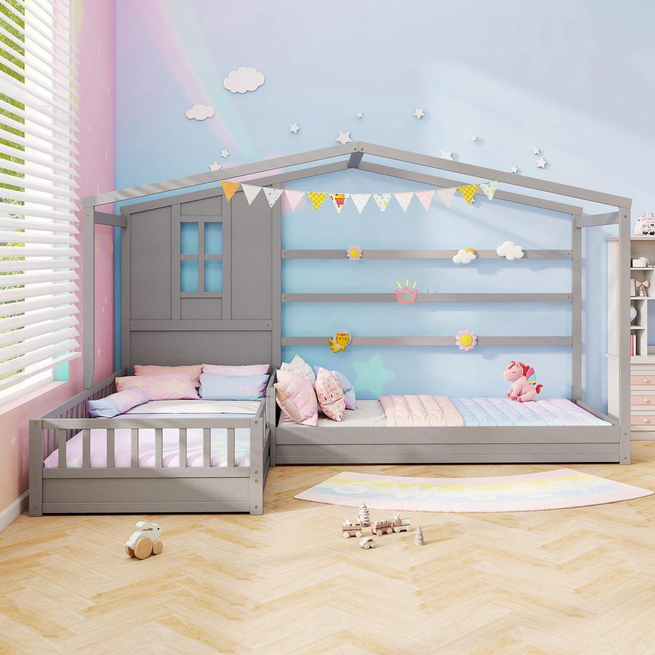 Alt view image 3 of 7 - SlickBlue L-shaped Double Twin Beds House Platform Beds with Fences Corner Bed Frame-Gray