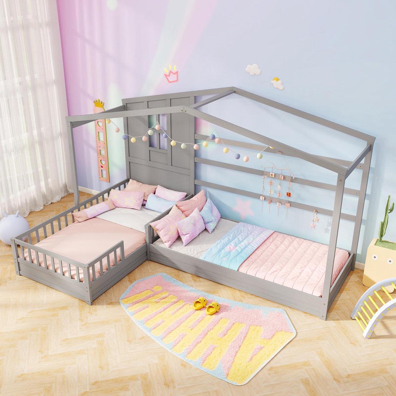 Alt view image 5 of 7 - SlickBlue L-shaped Double Twin Beds House Platform Beds with Fences Corner Bed Frame-Gray