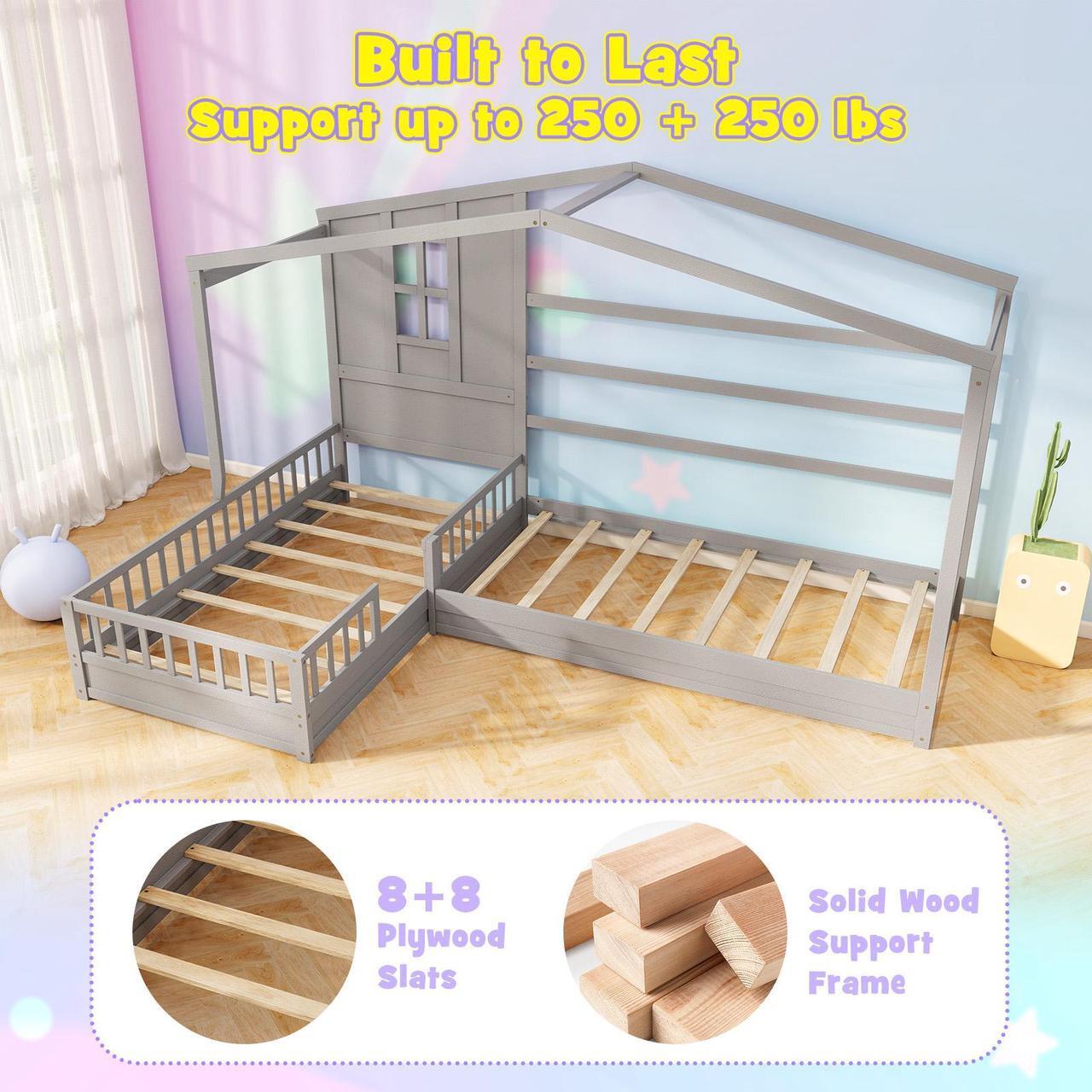 Alt view image 6 of 7 - SlickBlue L-shaped Double Twin Beds House Platform Beds with Fences Corner Bed Frame-Gray