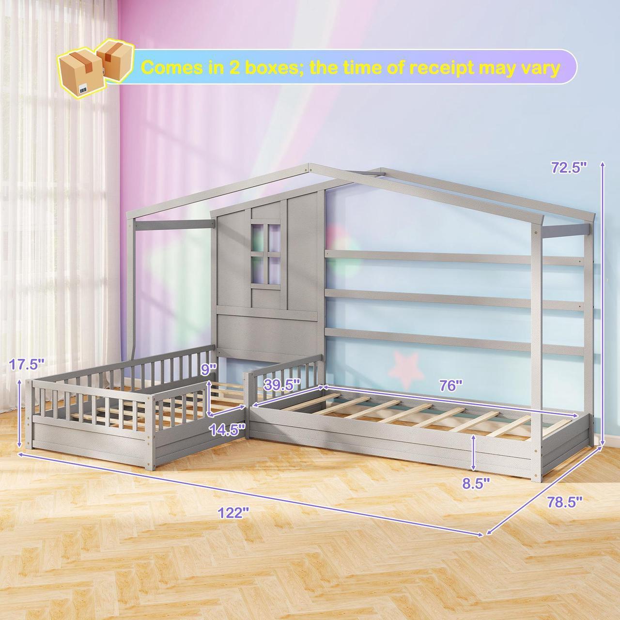 Alt view image 4 of 7 - SlickBlue L-shaped Double Twin Beds House Platform Beds with Fences Corner Bed Frame-Gray