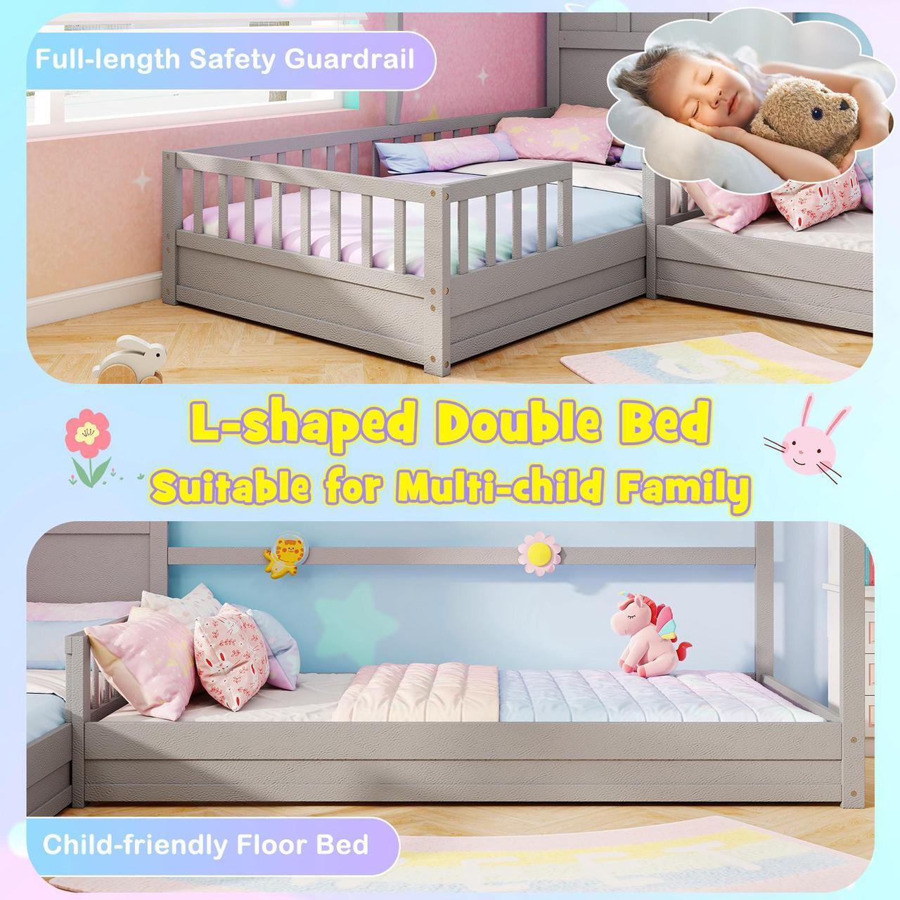 Alt view image 7 of 7 - SlickBlue L-shaped Double Twin Beds House Platform Beds with Fences Corner Bed Frame-Gray
