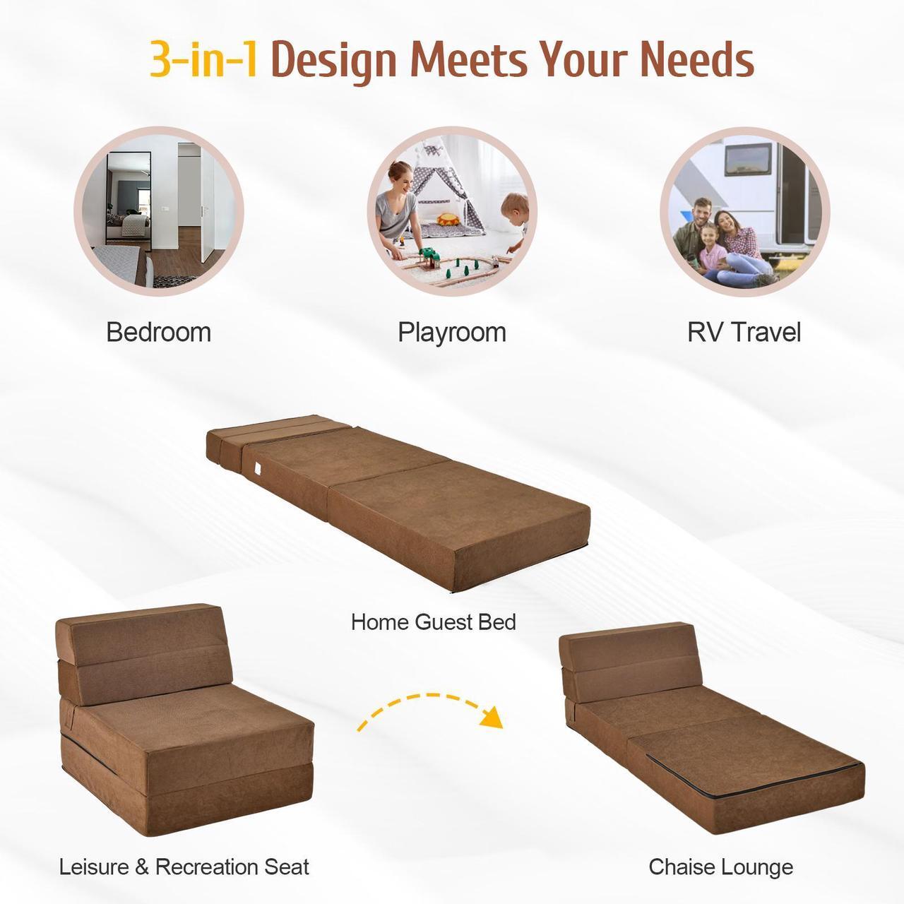 Alt view image 4 of 7 - SlickBlue Tri-Fold Folding Chair Convertible Sleeper Bed-Brown