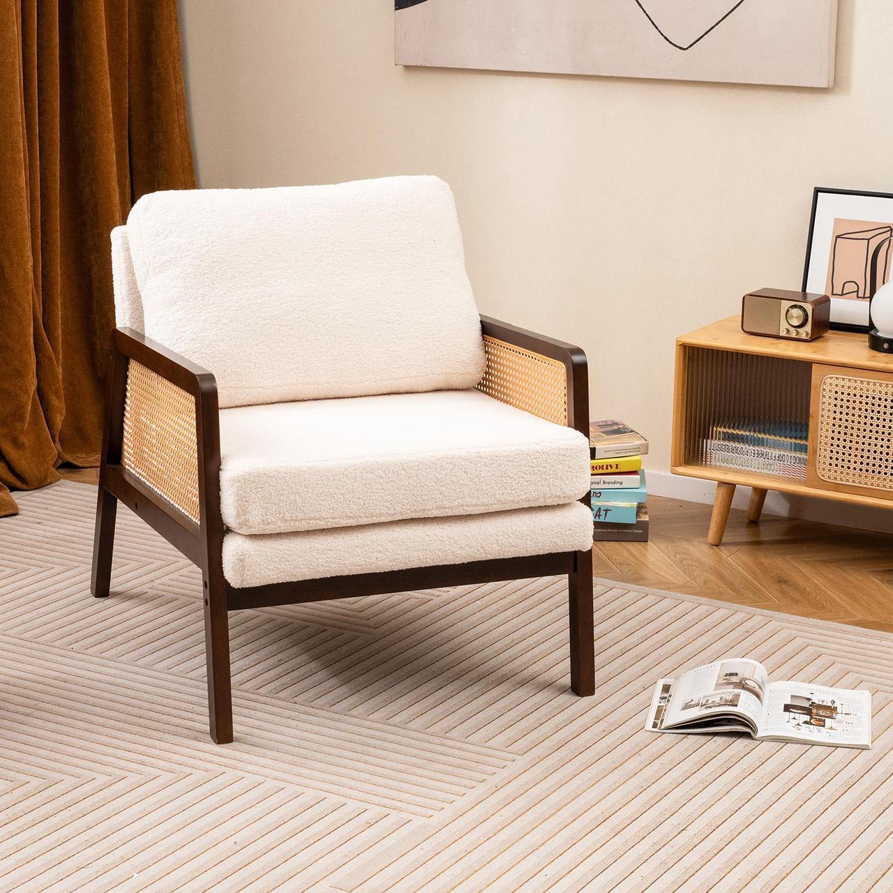 Alt view image 2 of 7 - SlickBlue Mid Century Modern Accent Chair with Rattan Arms and Cushion-Brown