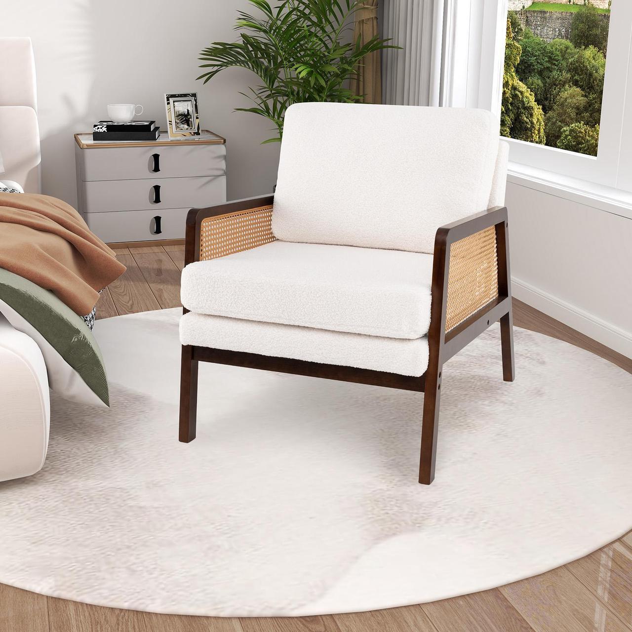 Alt view image 3 of 7 - SlickBlue Mid Century Modern Accent Chair with Rattan Arms and Cushion-Brown