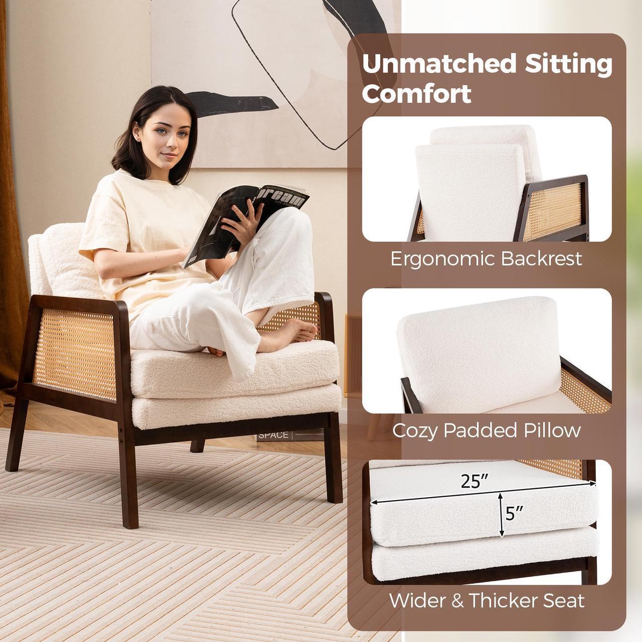 Alt view image 6 of 7 - SlickBlue Mid Century Modern Accent Chair with Rattan Arms and Cushion-Brown