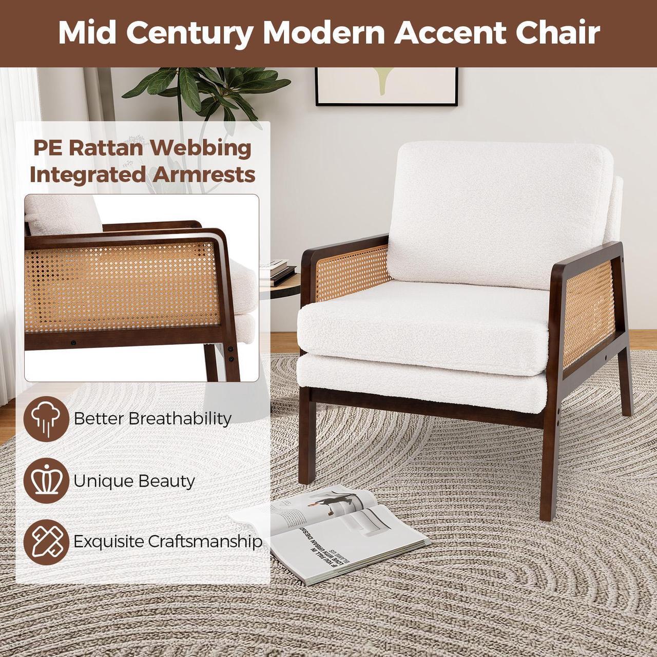 Alt view image 7 of 7 - SlickBlue Mid Century Modern Accent Chair with Rattan Arms and Cushion-Brown