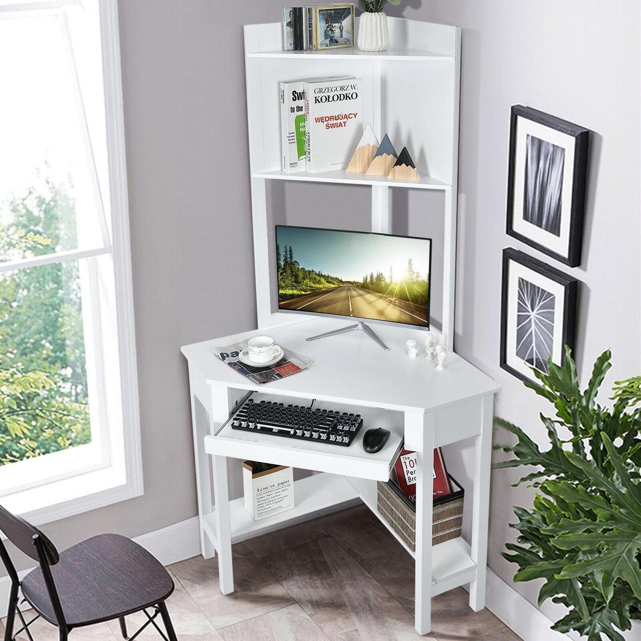 Alt view image 2 of 7 - SlickBlue Corner Computer Desk with Hutch and Storage Shelves-White