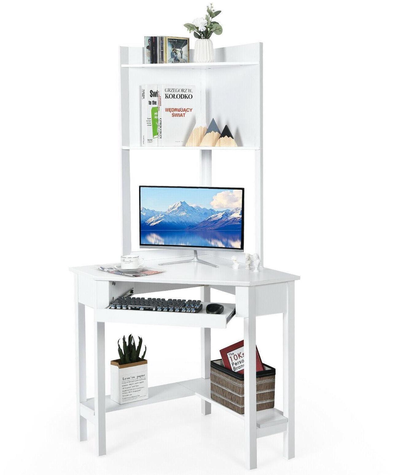 Alt view image 4 of 7 - SlickBlue Corner Computer Desk with Hutch and Storage Shelves-White