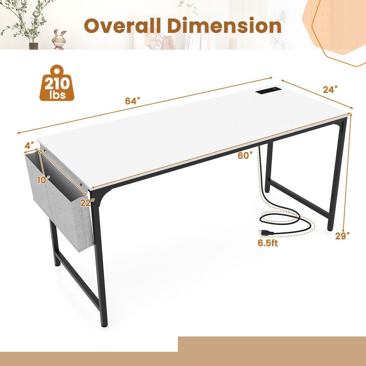 Alt view image 5 of 7 - SlickBlue 60 Inch Computer Desk with Charging Station Storage Bag-White