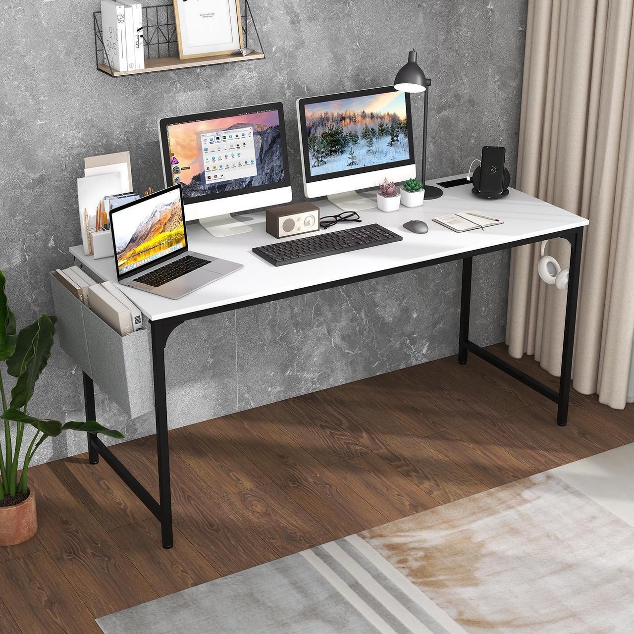 Alt view image 3 of 7 - SlickBlue 60 Inch Computer Desk with Charging Station Storage Bag-White