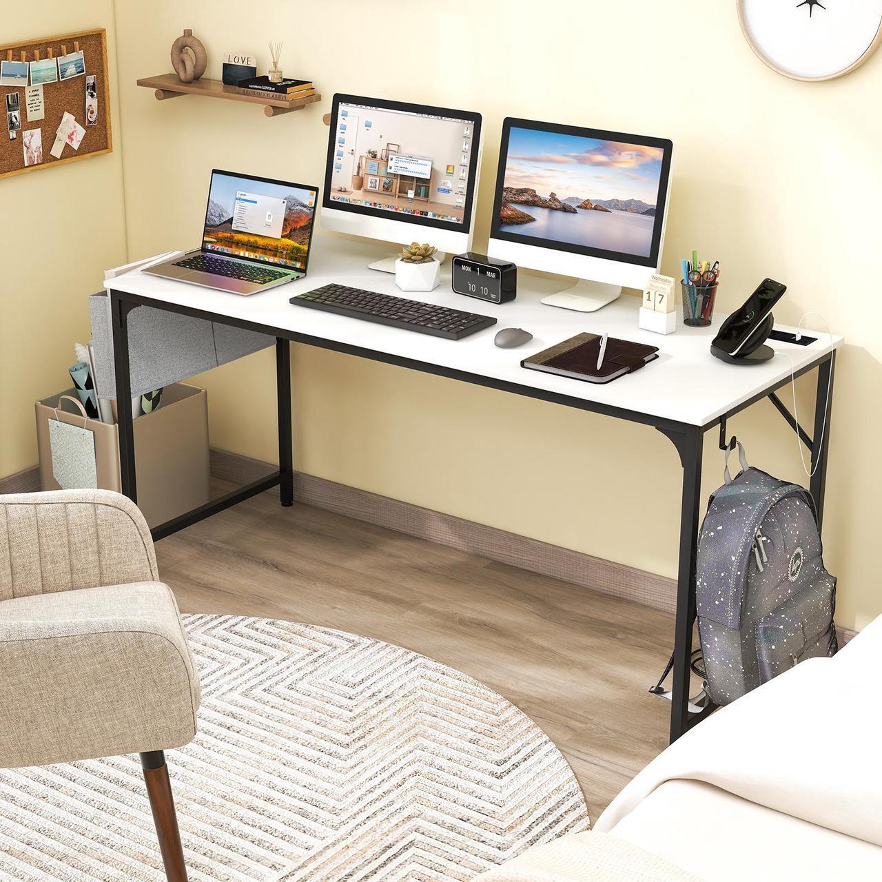 Alt view image 6 of 7 - SlickBlue 60 Inch Computer Desk with Charging Station Storage Bag-White