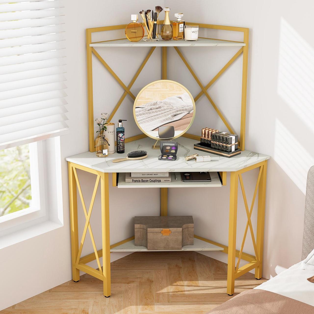 Alt view image 2 of 7 - SlickBlue Space-Saving Corner Computer Desk with with Hutch and Keyboard Tray-White