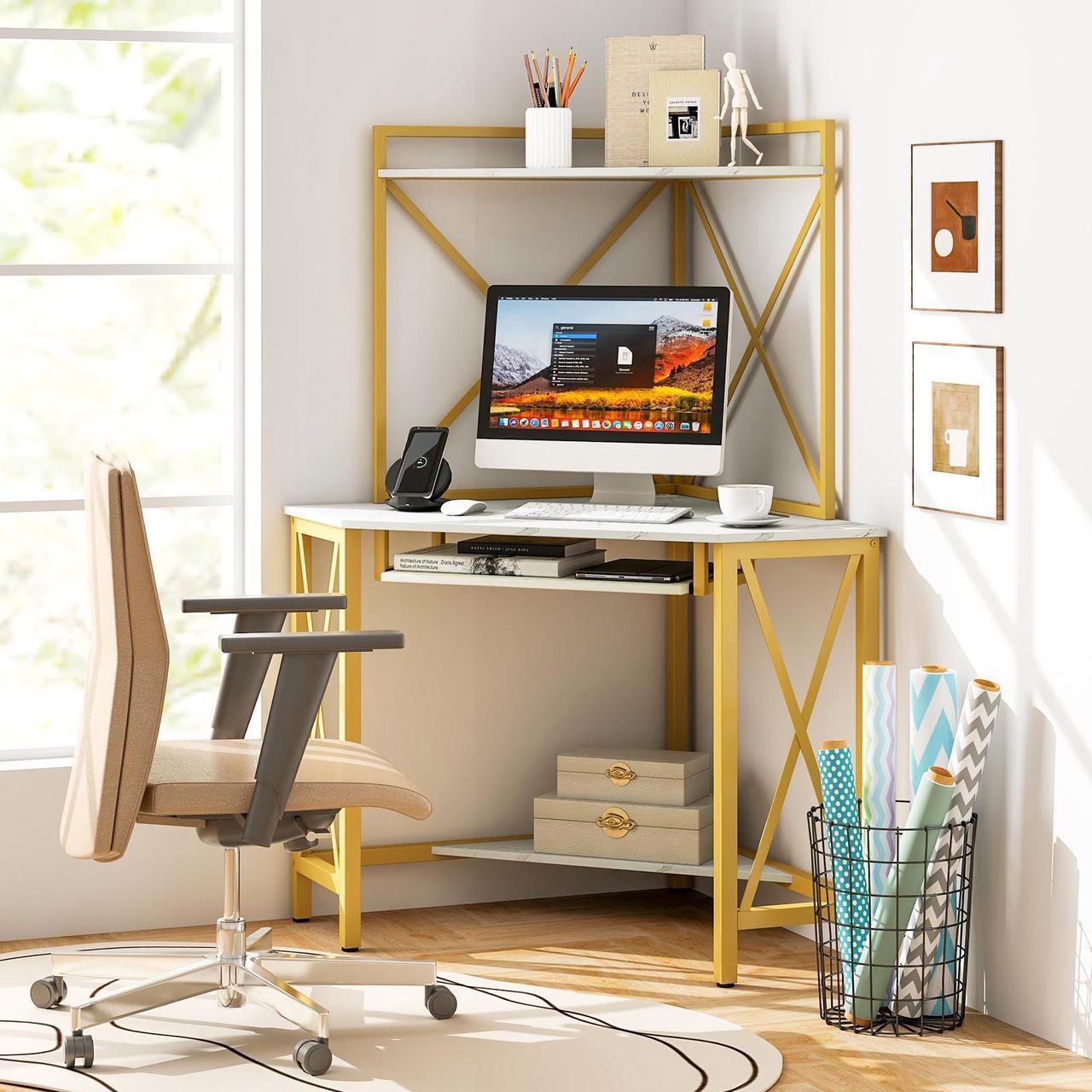 Alt view image 3 of 7 - SlickBlue Space-Saving Corner Computer Desk with with Hutch and Keyboard Tray-White