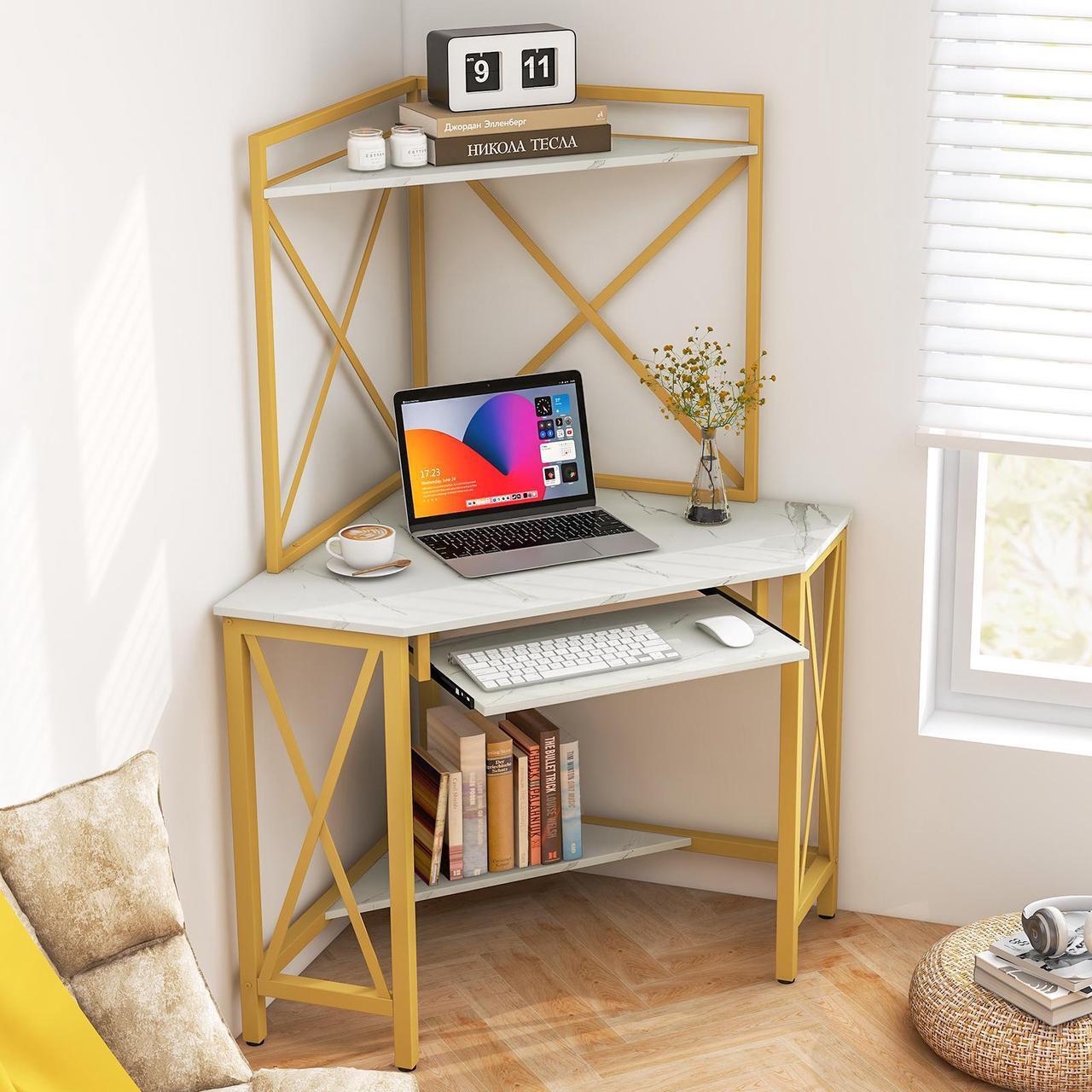 Alt view image 4 of 7 - SlickBlue Space-Saving Corner Computer Desk with with Hutch and Keyboard Tray-White