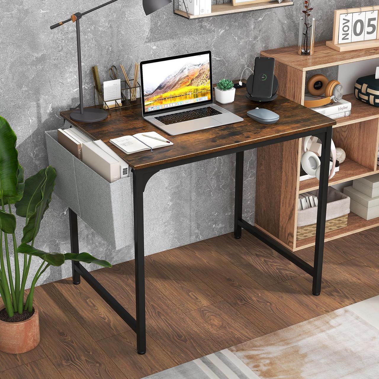 Alt view image 2 of 7 - SlickBlue 32 Inch Home Office Desk with Charging Station Storage Bag and Headphone Hook-Rustic Brown
