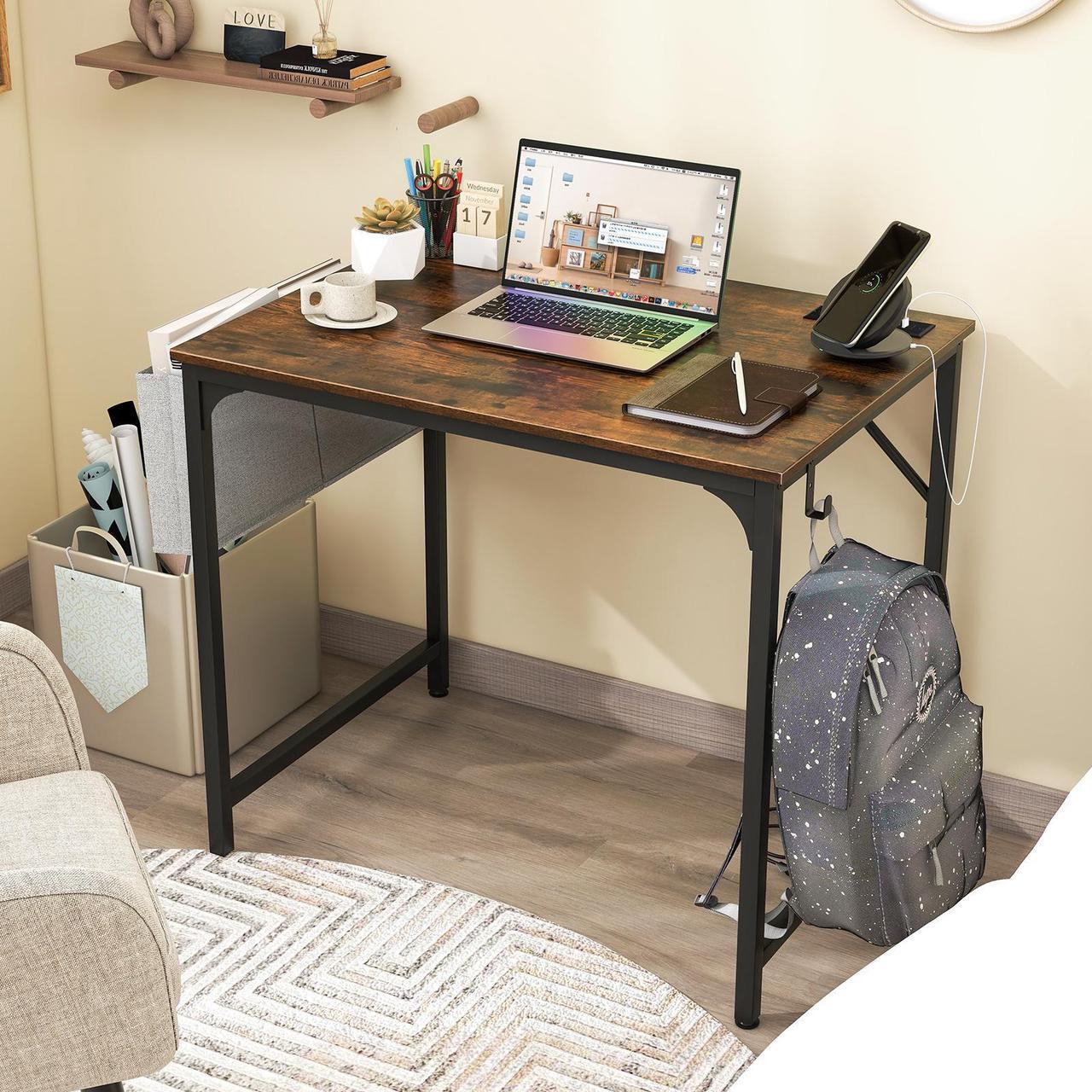 Alt view image 3 of 7 - SlickBlue 32 Inch Home Office Desk with Charging Station Storage Bag and Headphone Hook-Rustic Brown