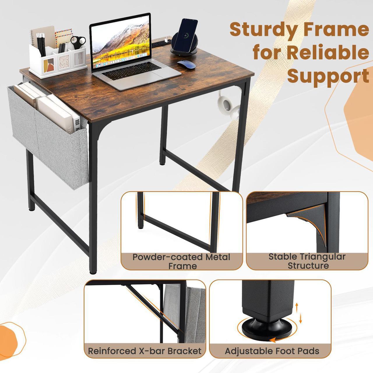Alt view image 7 of 7 - SlickBlue 32 Inch Home Office Desk with Charging Station Storage Bag and Headphone Hook-Rustic Brown
