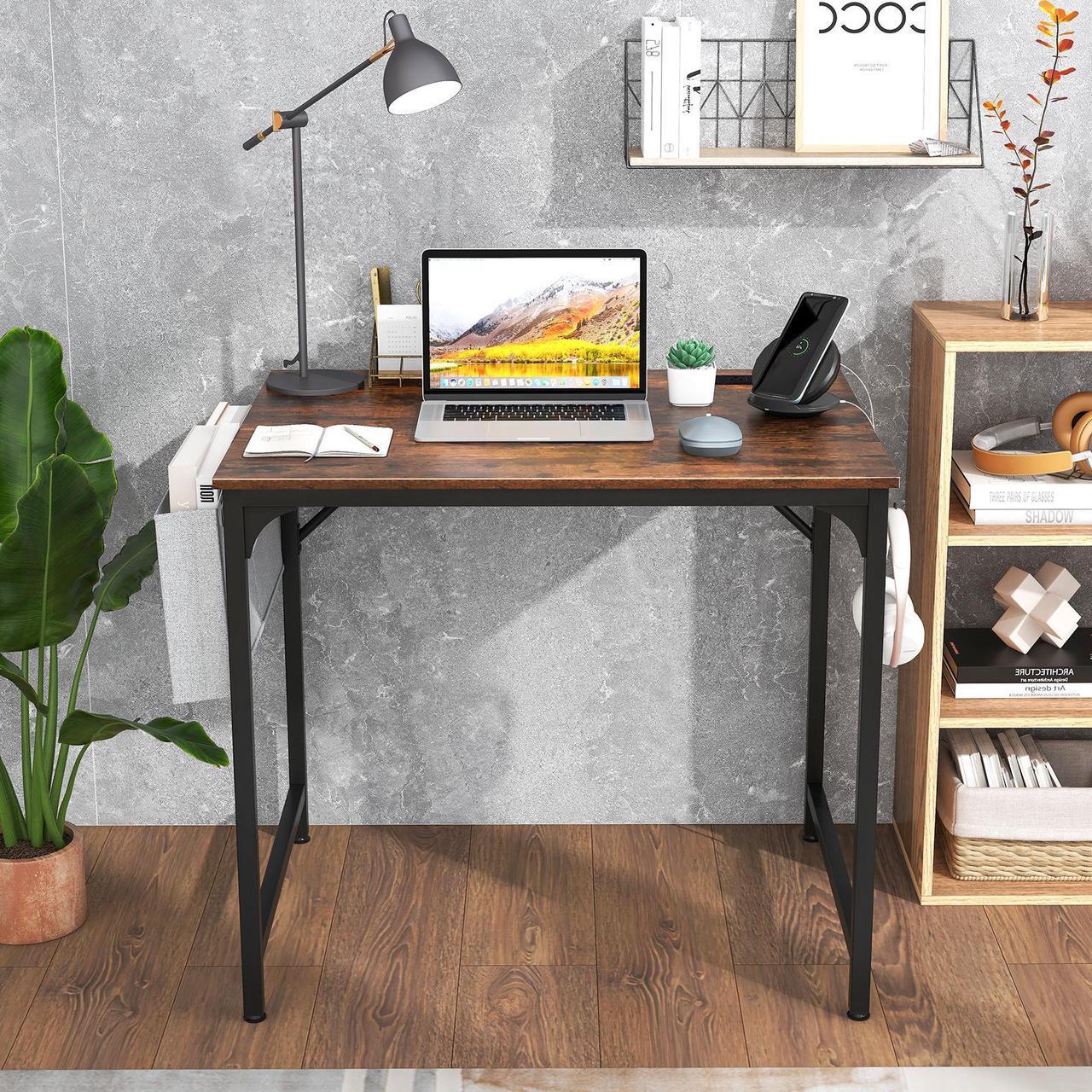 Alt view image 6 of 7 - SlickBlue 32 Inch Home Office Desk with Charging Station Storage Bag and Headphone Hook-Rustic Brown