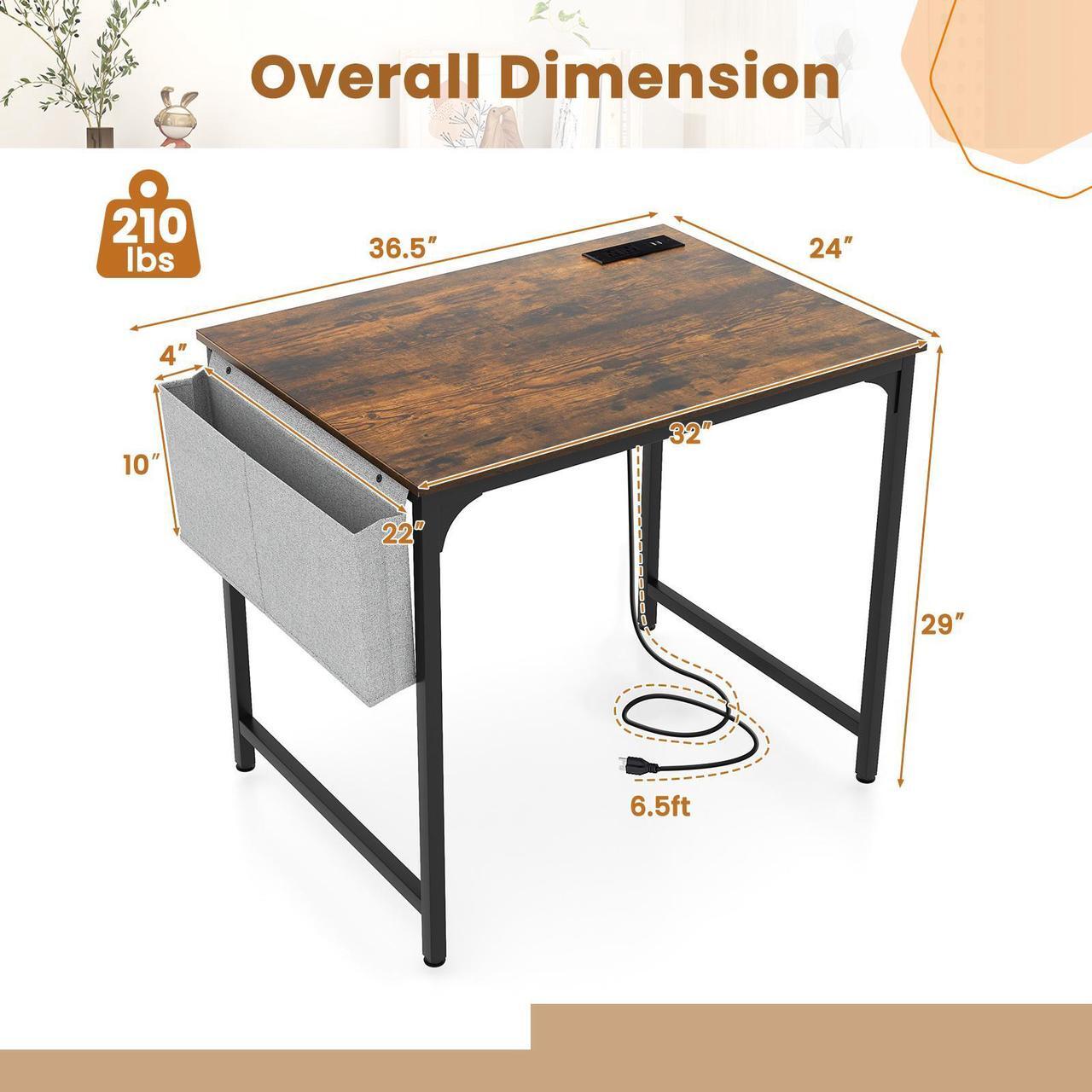 Alt view image 5 of 7 - SlickBlue 32 Inch Home Office Desk with Charging Station Storage Bag and Headphone Hook-Rustic Brown