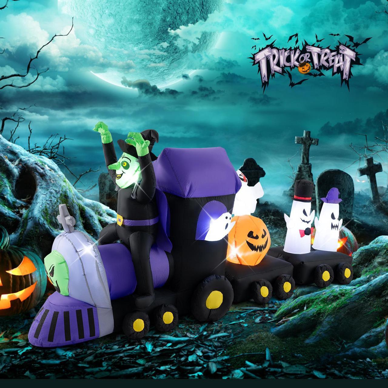 Alt view image 3 of 7 - SlickBlue 8.2 Feet Long Halloween Inflatable Train with Witch and 4 Ghosts