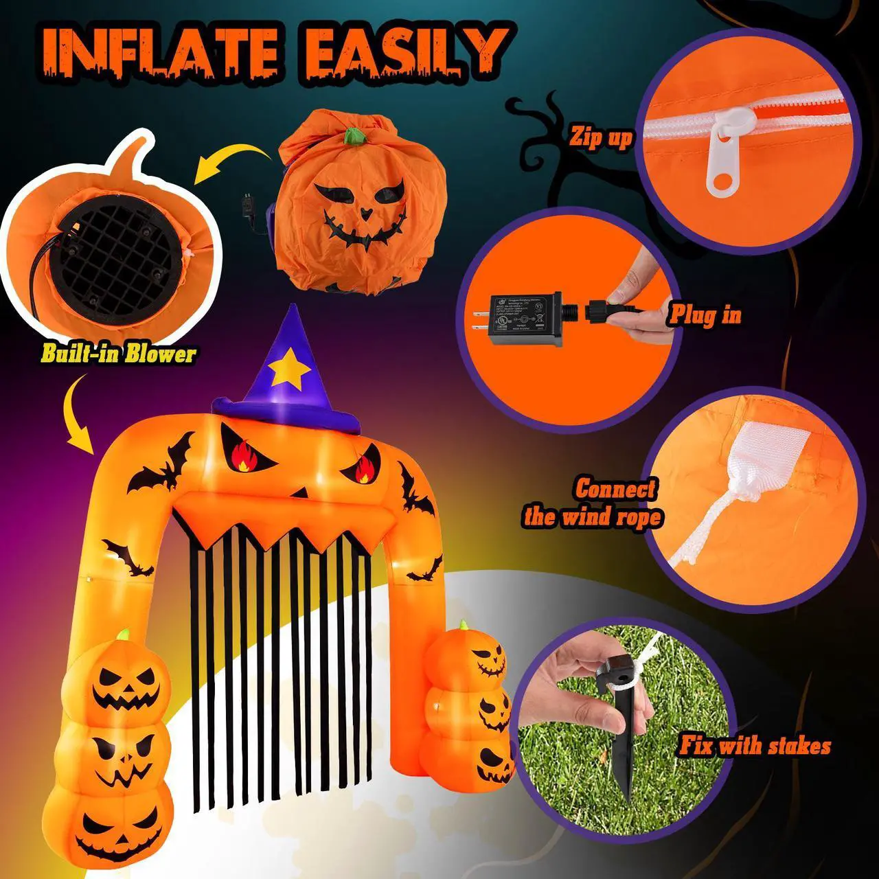 Alt view image 6 of 7 - SlickBlue Halloween Inflatable Pumpkin Archway with Stakes and Water Bags