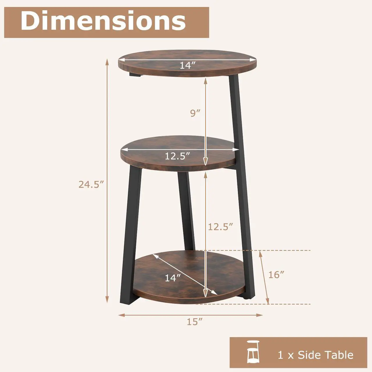 Alt view image 5 of 7 - SlickBlue 3-Tier Accent Round Side Table with Metal Frame-1 Piece