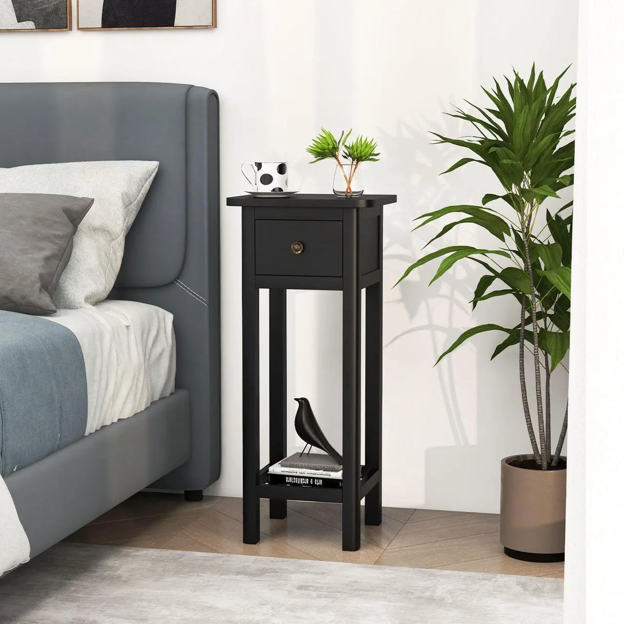 Alt view image 2 of 7 - SlickBlue 2 Tier Slim Nightstand Bedside Table with Drawer Shelf-Black