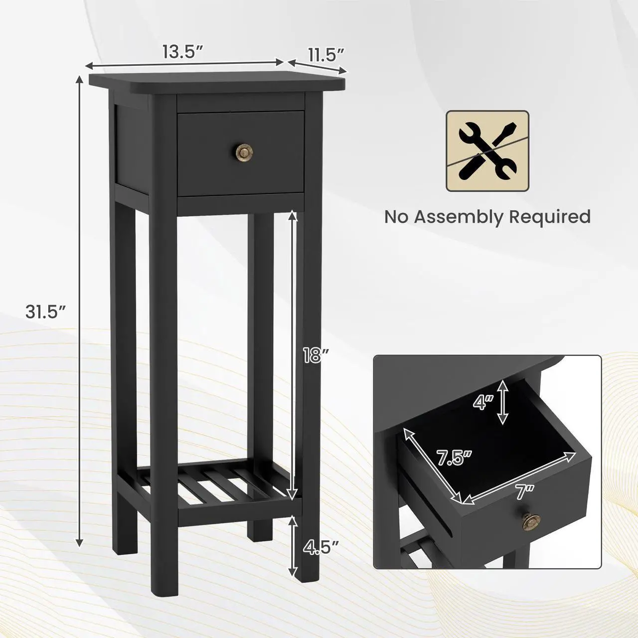 Alt view image 5 of 7 - SlickBlue 2 Tier Slim Nightstand Bedside Table with Drawer Shelf-Black