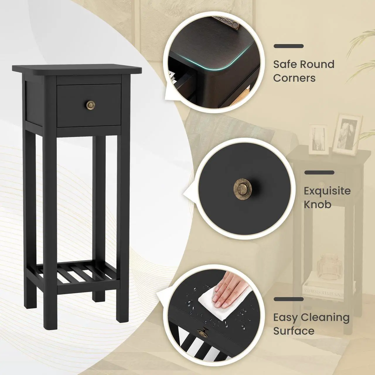 Alt view image 7 of 7 - SlickBlue 2 Tier Slim Nightstand Bedside Table with Drawer Shelf-Black