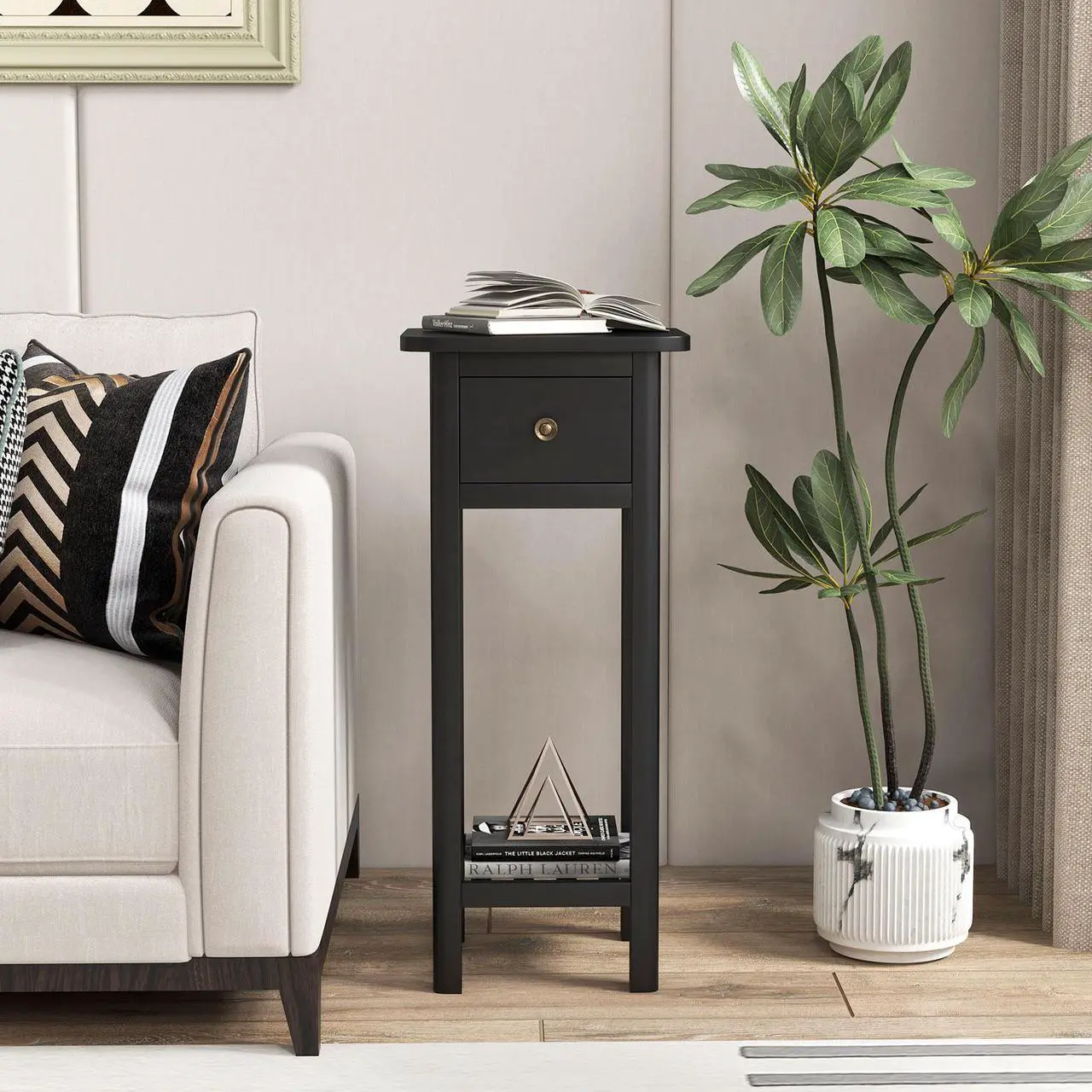 Alt view image 3 of 7 - SlickBlue 2 Tier Slim Nightstand Bedside Table with Drawer Shelf-Black