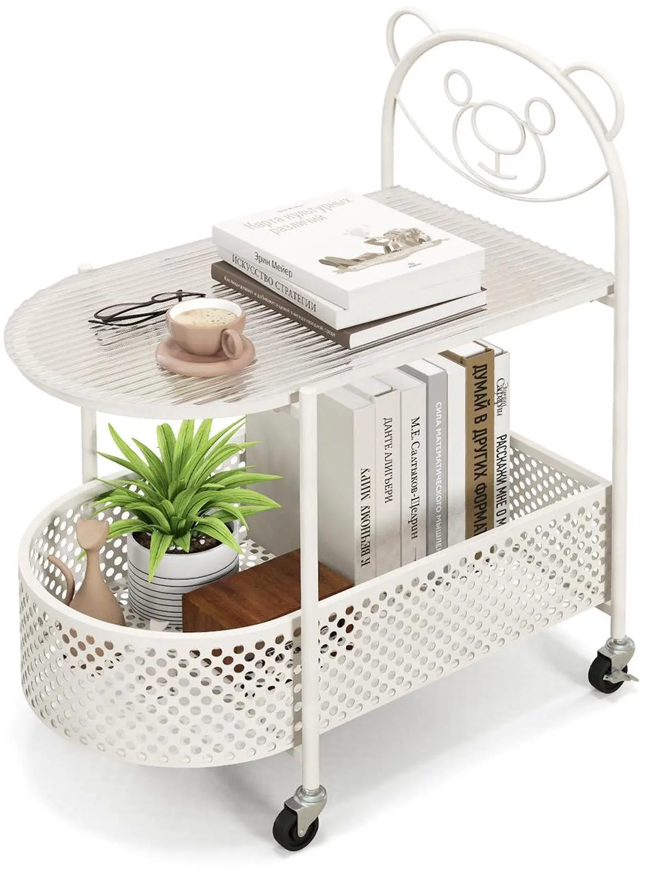Main image of SlickBlue 2-Tier Mobile Glass Coffee Table with Bear Pattern-White