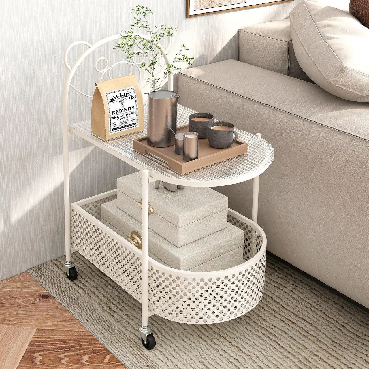 Alt view image 3 of 7 - SlickBlue 2-Tier Mobile Glass Coffee Table with Bear Pattern-White