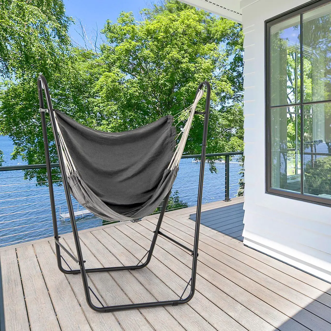 Alt view image 3 of 7 - SlickBlue Hammock Chair with Heavy Duty Metal Frame and Side Pocket-Gray