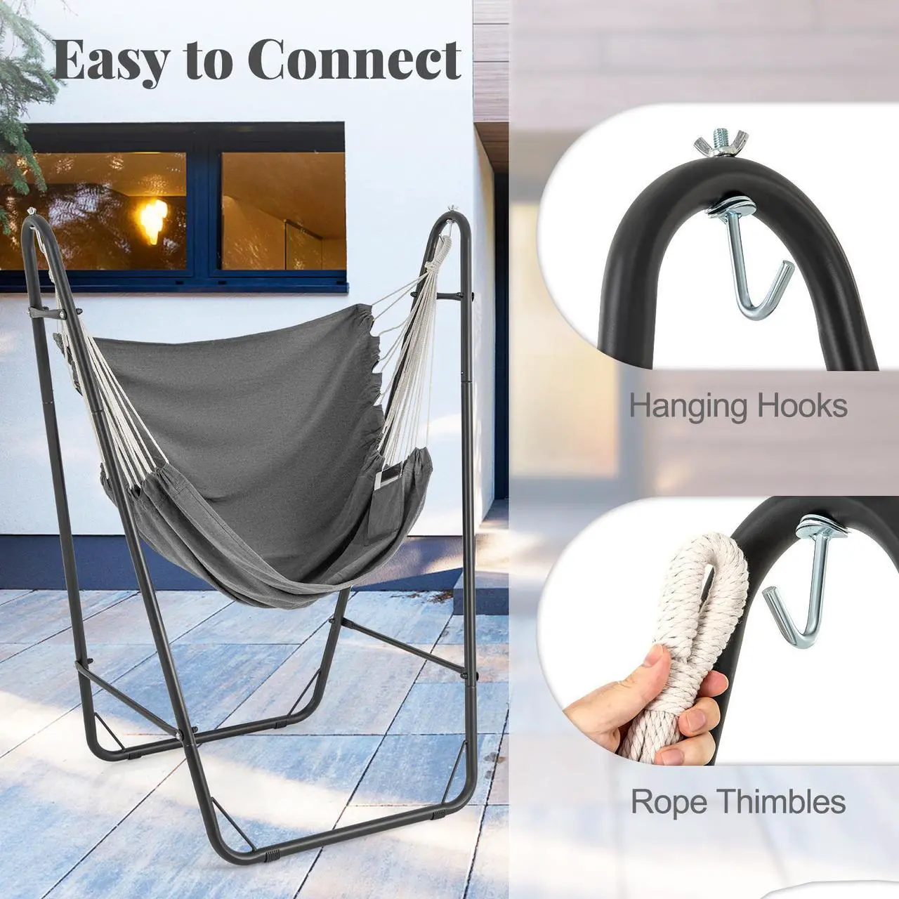Alt view image 6 of 7 - SlickBlue Hammock Chair with Heavy Duty Metal Frame and Side Pocket-Gray
