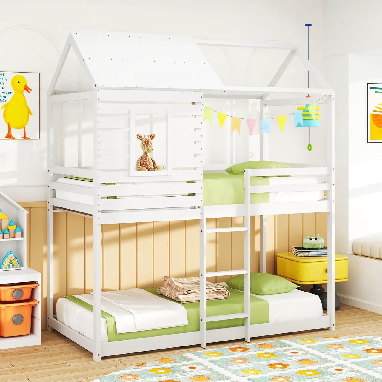 Alt view image 3 of 7 - SlickBlue  House Bunk Bed with Roof and Full-length Guardrails
