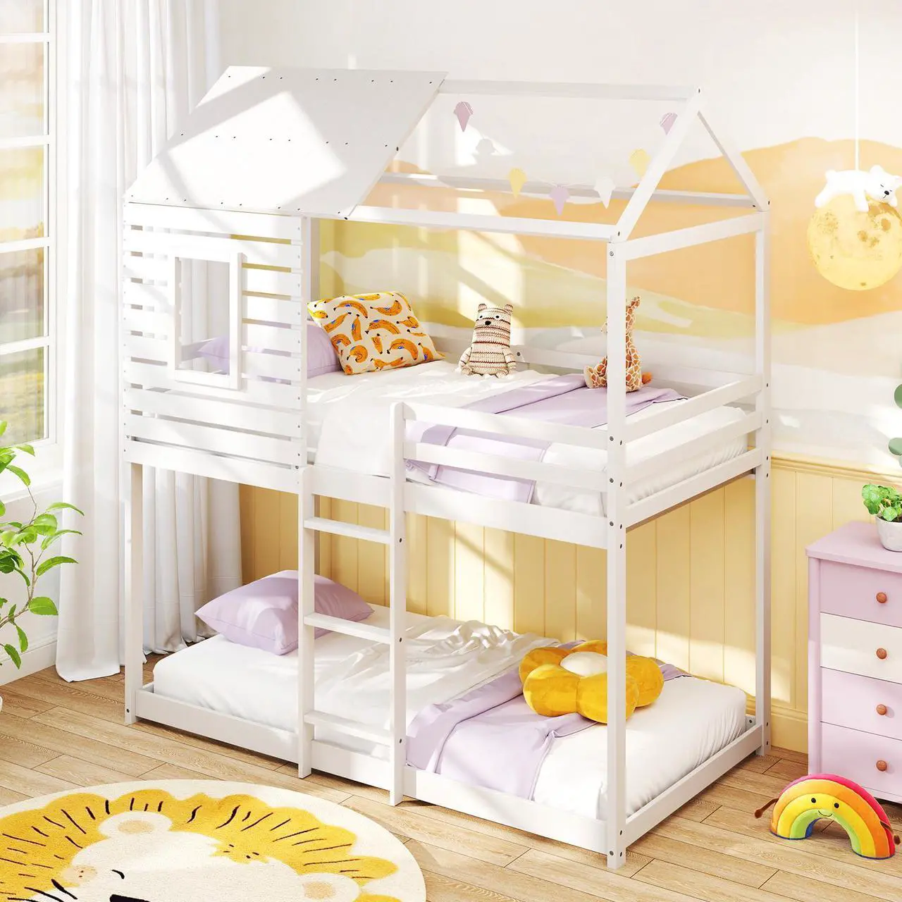 Alt view image 2 of 7 - SlickBlue  House Bunk Bed with Roof and Full-length Guardrails