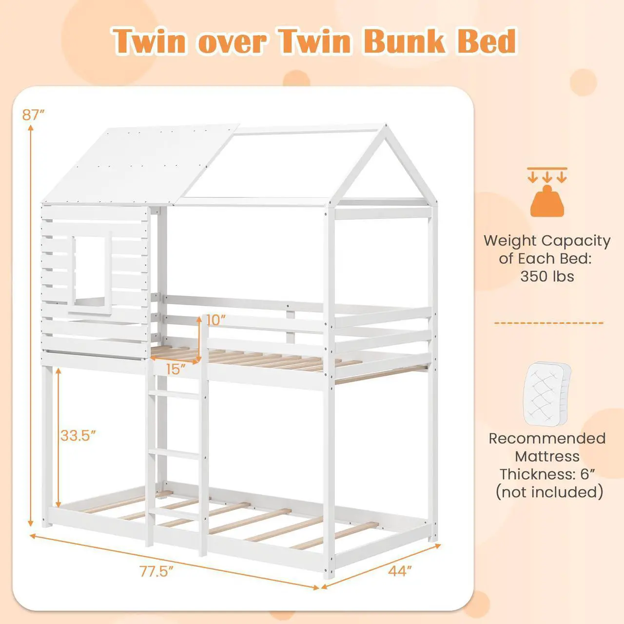 Alt view image 4 of 7 - SlickBlue  House Bunk Bed with Roof and Full-length Guardrails