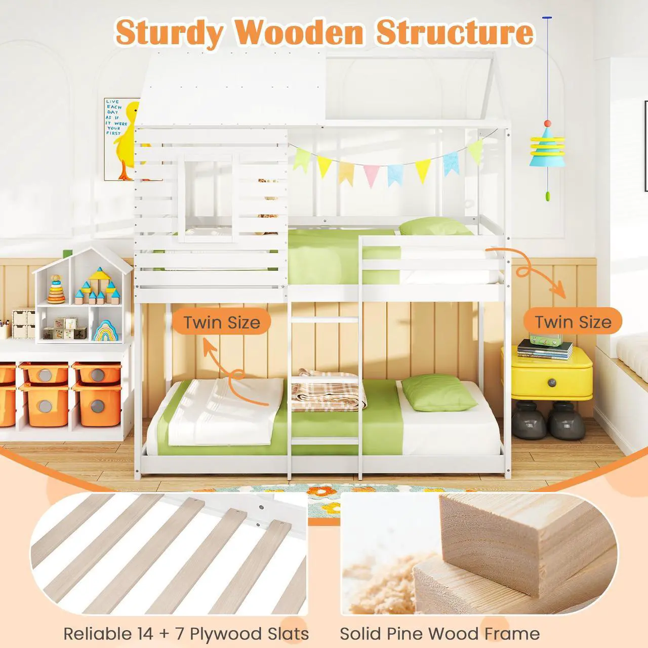 Alt view image 6 of 7 - SlickBlue  House Bunk Bed with Roof and Full-length Guardrails