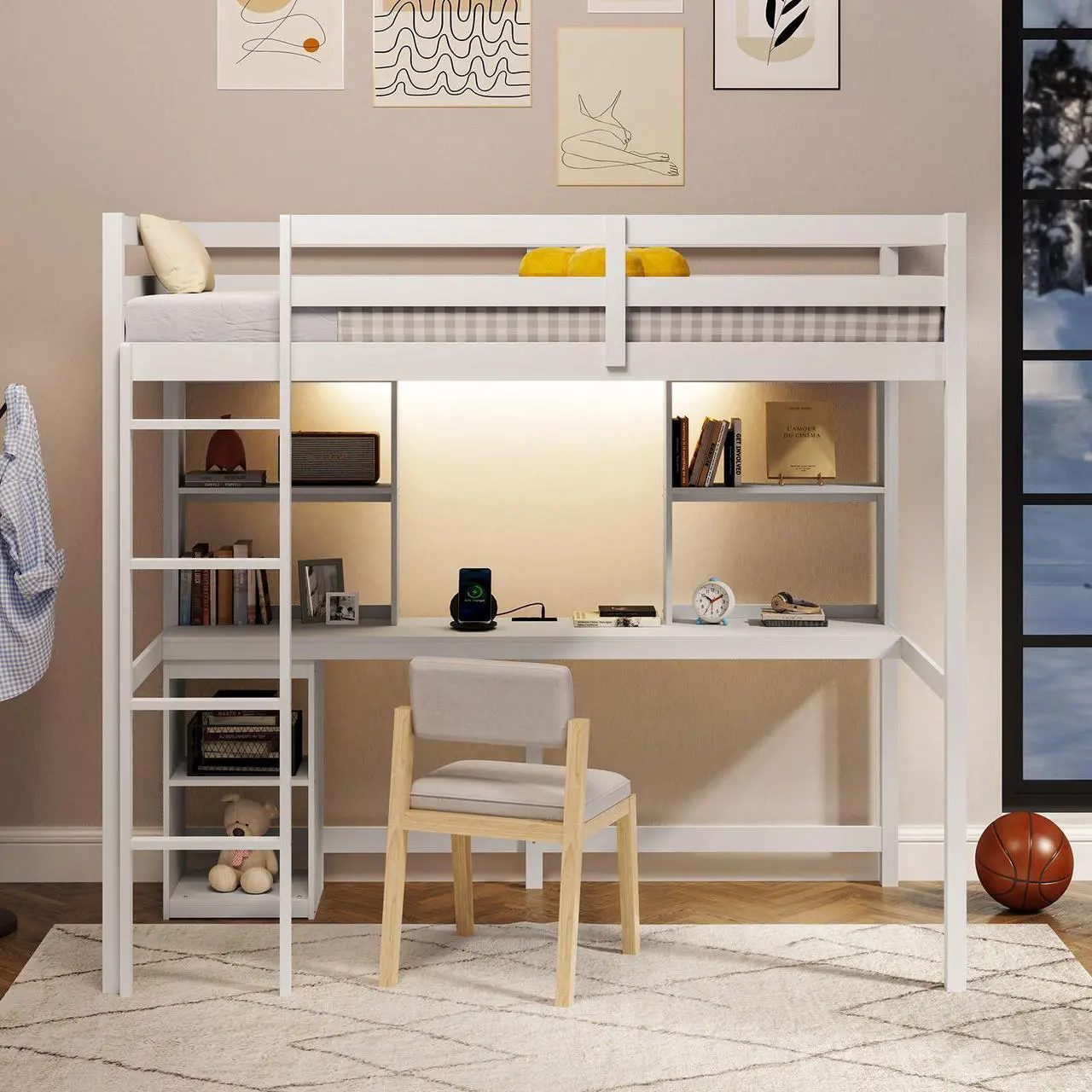 Alt view image 3 of 7 - SlickBlue Loft Bed with LED Light and Desk No Box Spring Needed