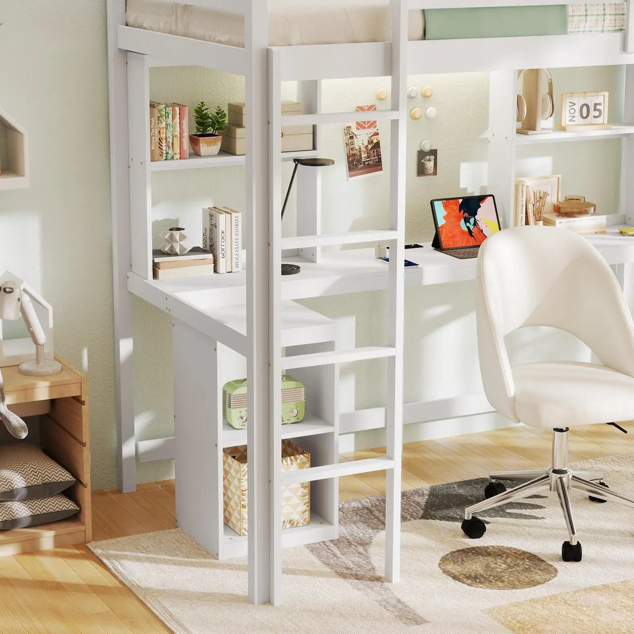 Alt view image 2 of 7 - SlickBlue Loft Bed with LED Light and Desk No Box Spring Needed