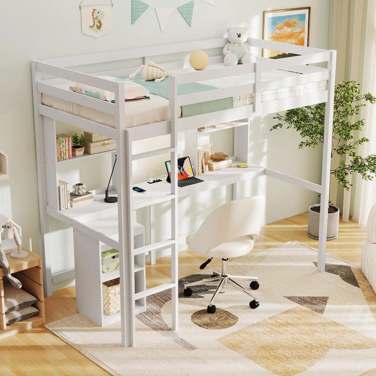 Alt view image 5 of 7 - SlickBlue Loft Bed with LED Light and Desk No Box Spring Needed
