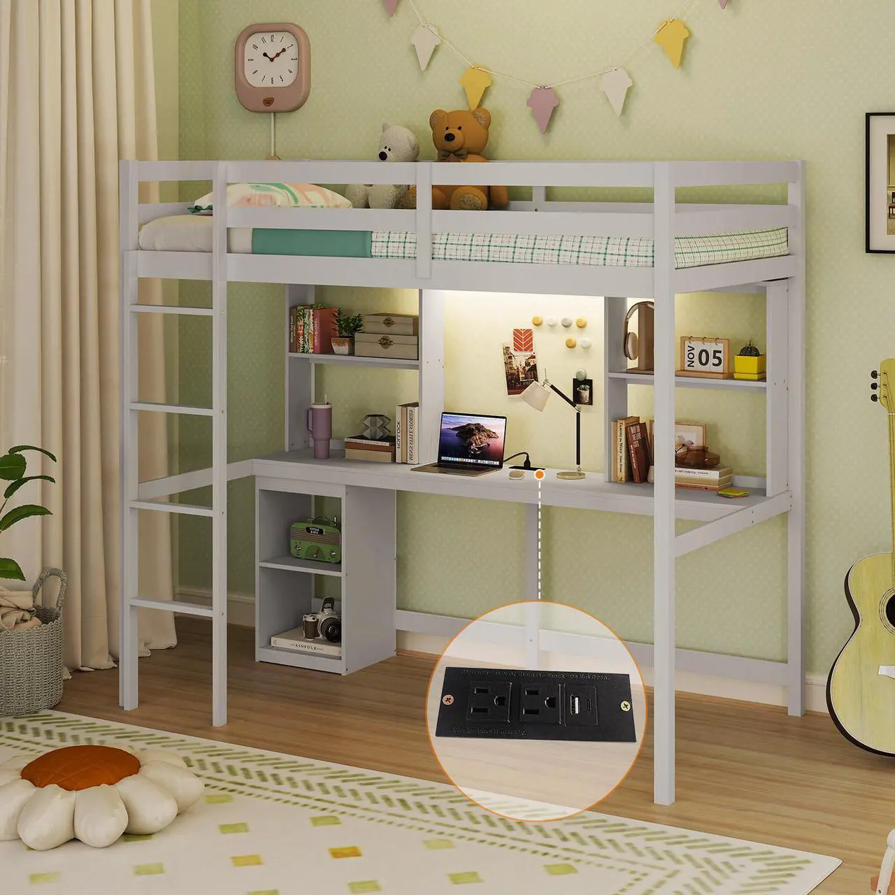 Alt view image 6 of 7 - SlickBlue Loft Bed with LED Light and Desk No Box Spring Needed