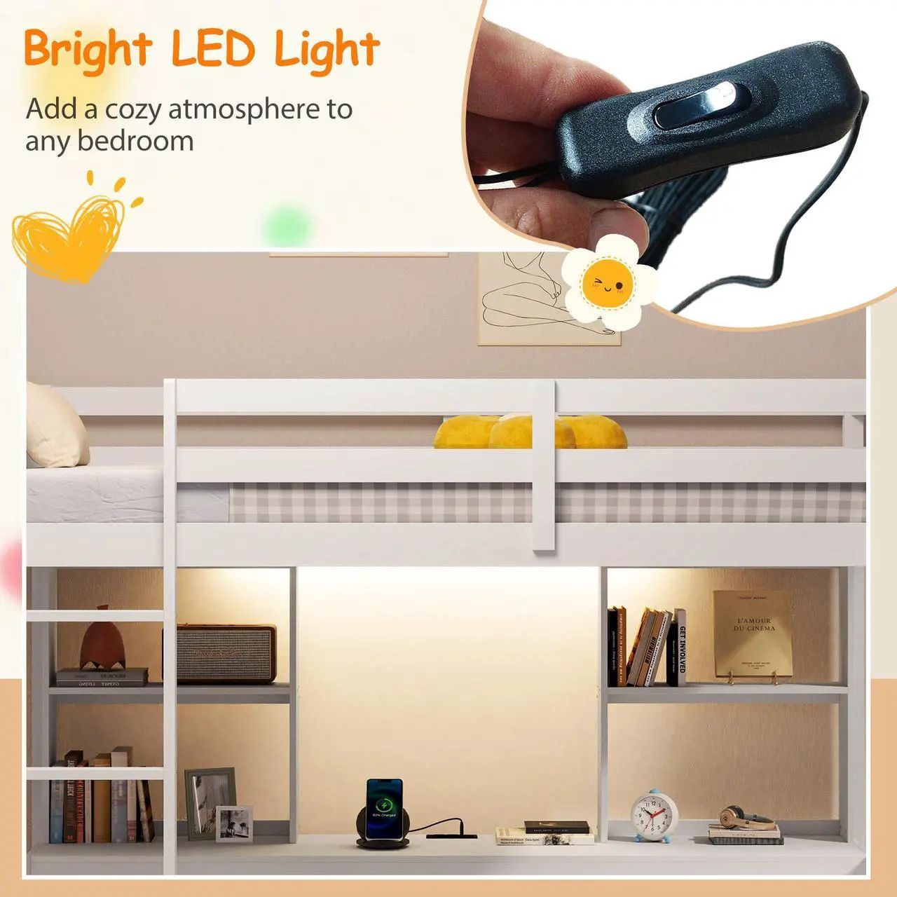Alt view image 7 of 7 - SlickBlue Loft Bed with LED Light and Desk No Box Spring Needed